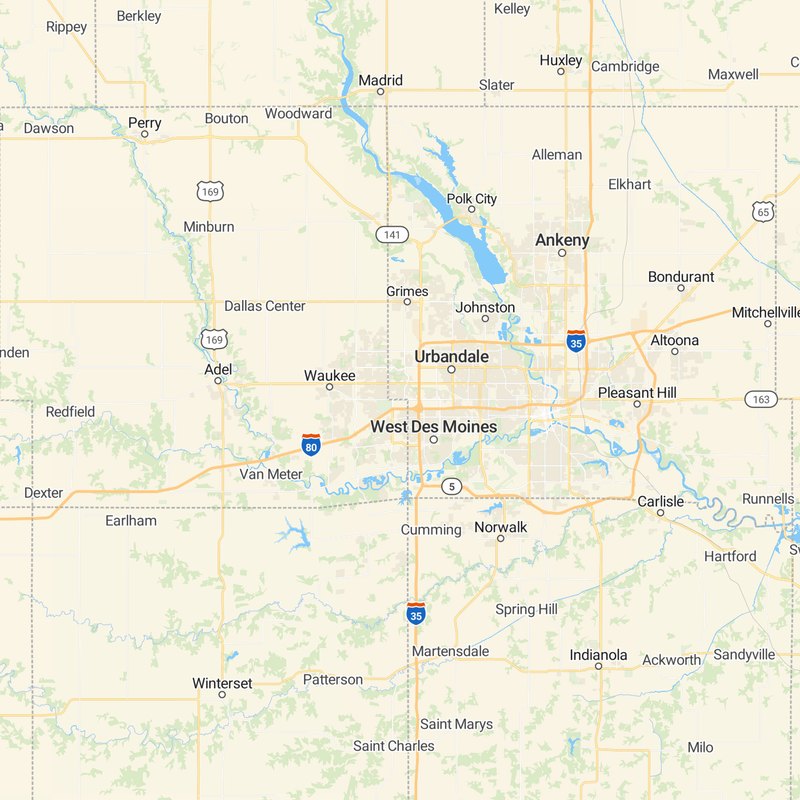 Map of central Iowa from Perry and Winterset to Ankeny and Norwalk, showing the area where in-home care is provided