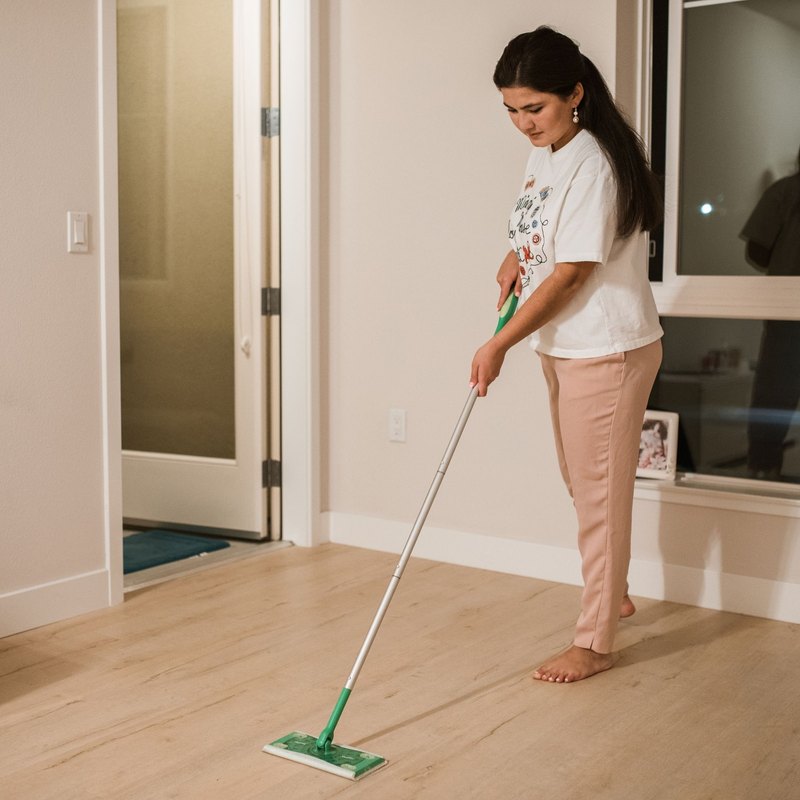 Woman dry-mopping a light wood floor in a bright room
